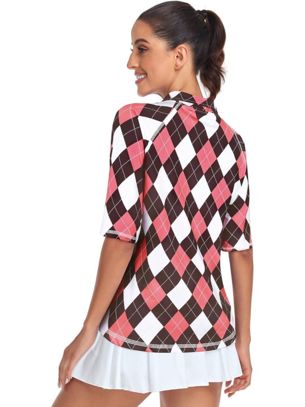 Womens Brown-pink Argyle Golf Shirt Half Sleeve Quarter Zip Tennis Tops M-3XL - Picture 2 of 4